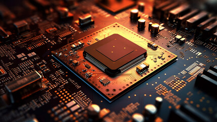 Fototapeta na wymiar Closeup of computer cell phone micro chips. electronic circuit Motherboard, AI generative 