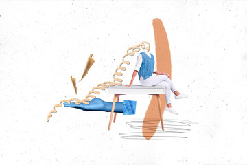 Collage image of sitting desk girl diligent head absurd overloaded hardworking university student...