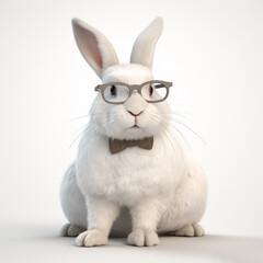 White fluffy smart rabbit with long ears in glasses and a butterfly on his neck, on a white background, Generative AI, generative artificial intelligence