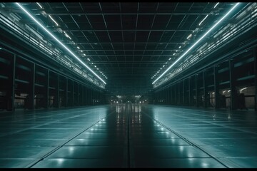 Sci-Fi Neon Laser Beams in Futuristic Hallway generative AI
