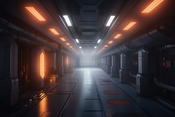 Sci-Fi Neon Laser Beams in Futuristic Hallway generative AI