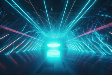 Sci-Fi Neon Laser Beams in Futuristic Hallway generative AI