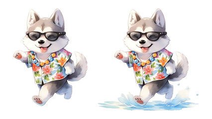 Husky wearing sunglasses and floral shirt on summer vacation - Watercolor dog illustration isolated - Generative AI