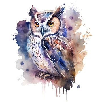 Illustration Watercolor cute colorful night owl. Generative AI, png image.