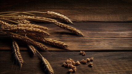 Wheat stalks isolated on a brown wood background with free text space. Generative AI