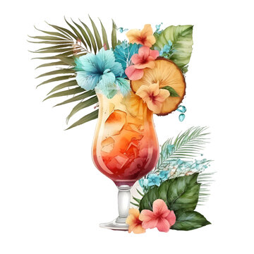 Illustration Watercolor tropical summer cocktail with flowers. Generative AI, png image.