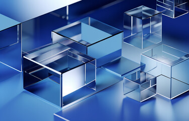 Generative AI image of abstract background of transparent glass blocks in different shapes on blue surface