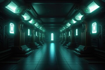 Fototapeta premium Sci-Fi Neon Laser Beams in Futuristic Hallway generative AI