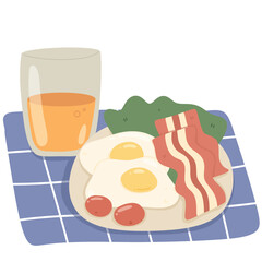 egg bacon orange juice breakfast cute illustration set