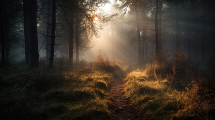 Obraz premium Sun rays penetrate through a densely overgrown forest between the trees in the morning. Generative AI