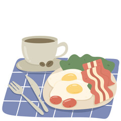 egg bacon coffee breakfast cute illustration set