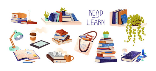 Piles of different books set. Stacks, heaps of paper textbooks for reading, learning, leisure. Education academic literature and fiction novels. Flat vector illustrations isolated on white background