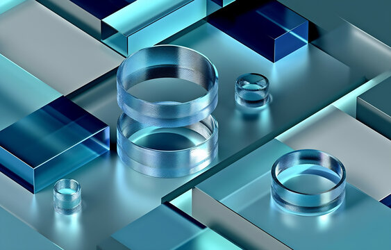 Generative AI image of various transparent glass geometric shapes placed on bright surface