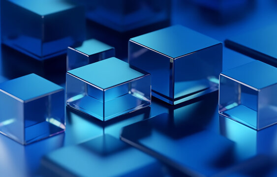Generative AI image of abstract background of transparent glass blocks in different shapes on blue surface