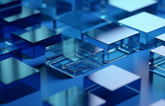 Generative AI image of abstract background of transparent glass blocks in different shapes on blue surface