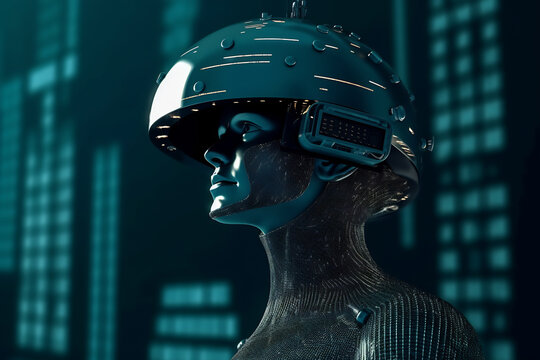 Generative AI fantasy illustration of headshot of cyborg character of glowing neon colors dots in virtual reality headset on dark background