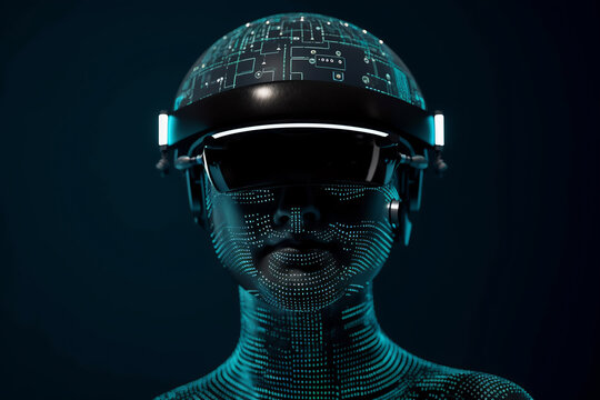 Generative AI fantasy illustration of headshot of cyborg character of glowing neon colors dots in virtual reality headset on dark background