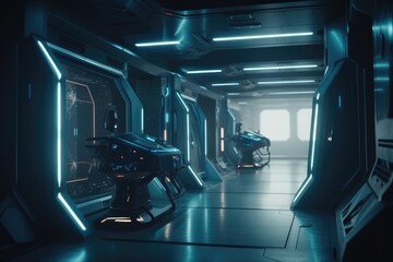 Obraz premium Sci-Fi Neon Laser Beams in Futuristic Hallway generative AI