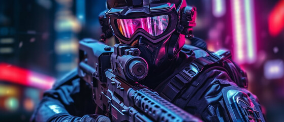 a special forces soldier police a with high technology gun and weapon working in night city, Generative AI