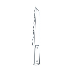 Dishes. A kitchen knife with a wavy blade for bread. Line art.