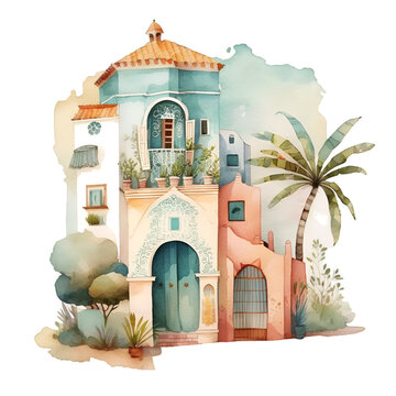 Illustration Watercolor oriental house with palm trees. Generative AI, png image.