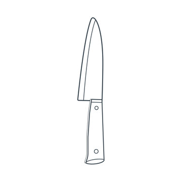 recommend clip art: Dishes. A kitchen knife with a large blade. Line art.