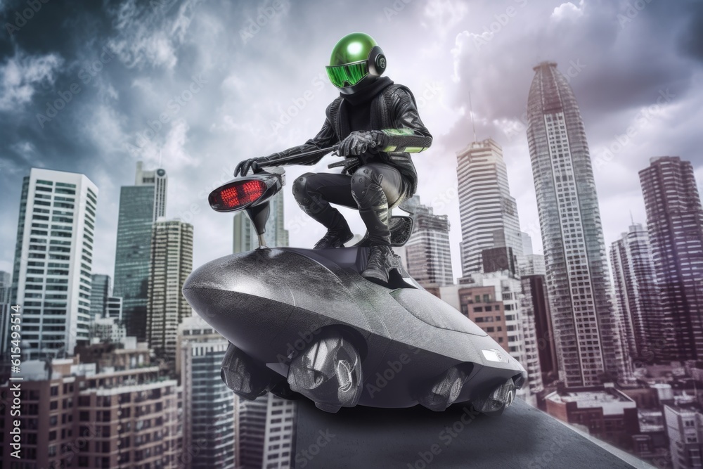 Canvas Prints alien, riding hoverboard through futuristic cityscape, created with generative ai