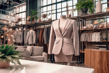 Fototapeta premium Woman`s office suit in the clothing store. Super photo realistic background. Generative ai illustration.