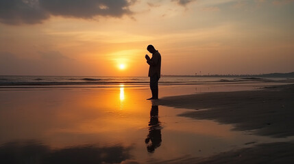 Fototapeta premium homem em oração ao ar livre com lindo por do sol, fé cristã 