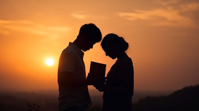 casal orando juntos em lindo por do sol, amor e ora&ccedil;&atilde;o, f&eacute; crist&atilde; em jesus cristo 