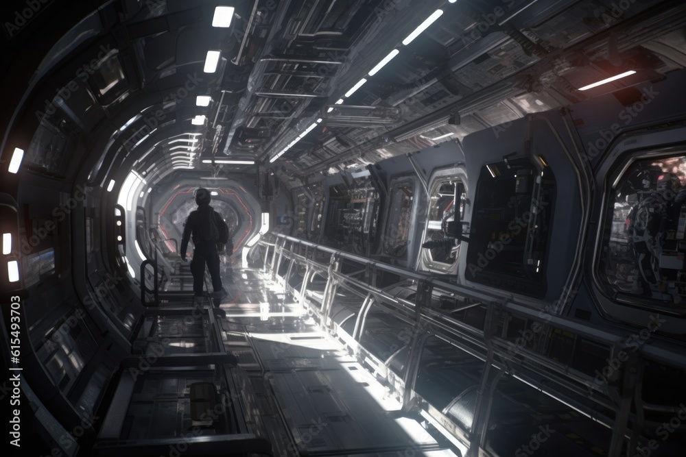 Canvas Prints space station, with alien commuters walking to their destinations, created with generative ai