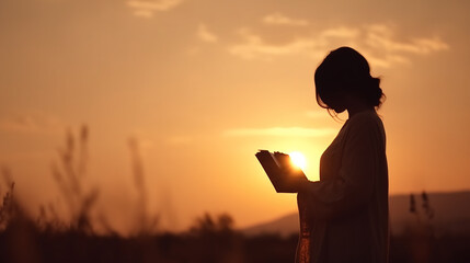 mulher fazendo oração em por do sol lindo ao ar livre, fé cristã  - obrazy, fototapety, plakaty