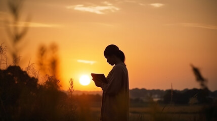 Fototapeta premium mulher fazendo oração em por do sol lindo ao ar livre, fé cristã 