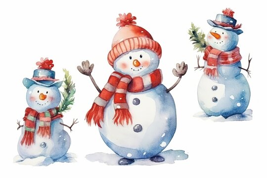 set of cute snowman character painted in watercolor on a white isolated background. Generative AI