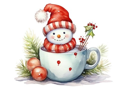 set of cute snowman in cup with Christmas ornaments painted in watercolor on a white isolated background. Generative AI