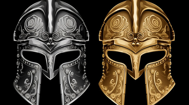 Capacete espartano do guerreiro romano Gladiator ou Esparta e centuri&atilde;o troiano grego, armadura de cabe&ccedil;a vetorial. M&aacute;scara de armadura de cavaleiro antigo ou soldado de gladiador de Esparta, capacete