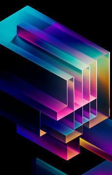 Generative AI abstract illustration of geometric shapes and structures in colorful neon colors and lights in cyberspace against dark background