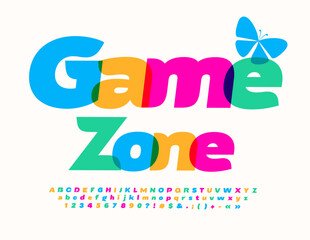 Vector bright emblem Game Zone with decorative Butterfly. Colorful trendy Font. Funny Alphabet Letters, Numbers an Symbols set