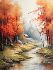 Watercolor autumn landscape of forest and nature outside the city