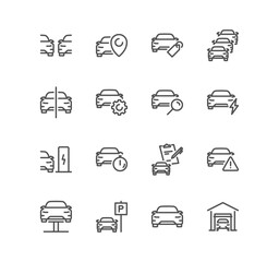 Set of car related icons, garage, inspection, dealership, stats comparing, tech reivew and linear variety vectors.