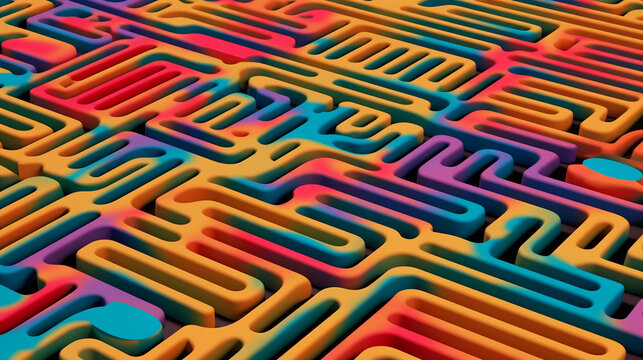 Generative AI abstract illustration of high angle of colorful circuit with narrow paths