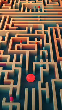 Generative AI abstract illustration from above of wooden maze with colorful narrow paths with hidden in center glowing red ball