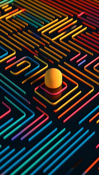 Generative AI abstract illustration of colorful neon circuit with glowing orange ball on black surface