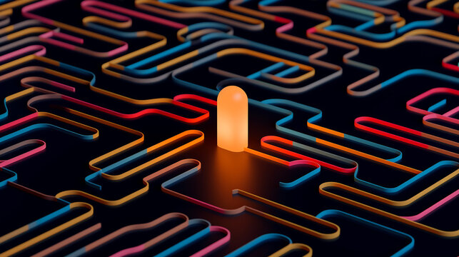Generative AI abstract illustration of colorful neon circuit with glowing orange lamp on black surface