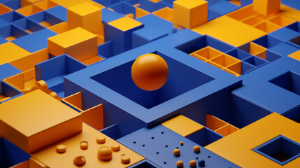 Generative AI abstract illustration from above of metallic blue and yellow geometrical forms and shapes with cubes and spheres on different levels