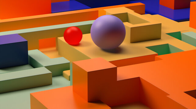 Generative AI abstract illustration from above of wooden colorful geometrical forms and shapes with cubes and spheres on different levels