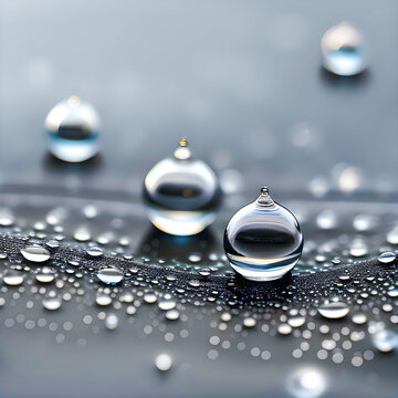 Large and small raindrops on an uneven surface. Macro image of water droplets. Generative AI