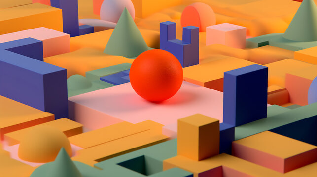 Generative AI abstract illustration of wooden colorful geometrical forms and shapes with cubes and spheres on different levels