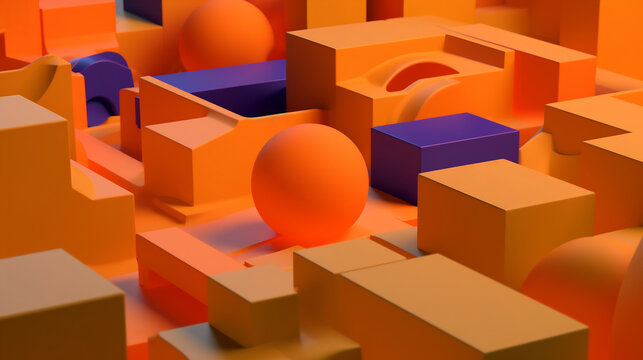 Generative AI abstract illustration of wooden colorful geometrical forms and shapes with cubes and spheres on different levels