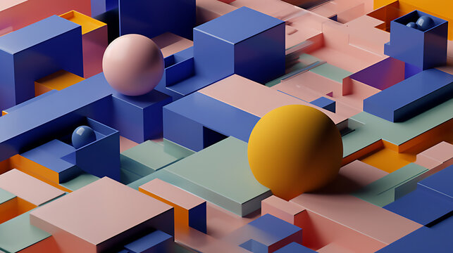 Generative AI abstract illustration from above of metallic colorful geometrical forms and shapes with cubes and spheres on different levels